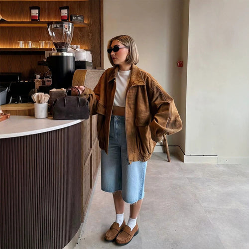 Ladies Oversize Suede Bomber Jacket with Elastic Hem Amarae