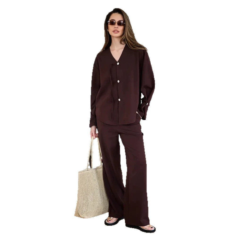 Women's Casual Lounge Set with V-Neck, Button Placket and Drawstrings Amarae