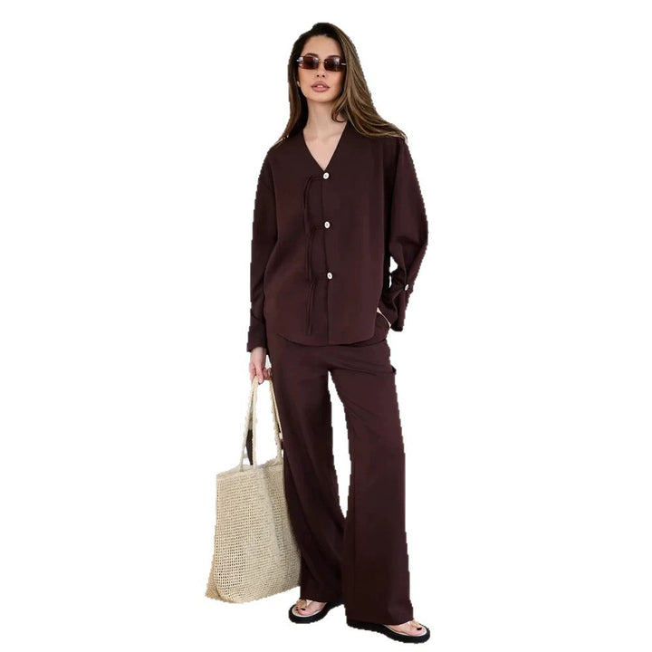 Women's Casual Lounge Set with V-Neck, Button Placket and Drawstrings Amarae