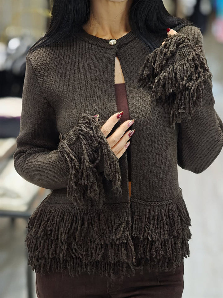 Women's cardigan with layered fringes, mother-of-pearl closure and boxy silhouette Amarae