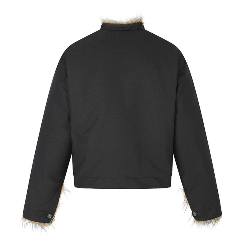 Women's Short Jacket with Faux Fur Lining, Stand-Up Collar and Concealed Button Placket Amarae