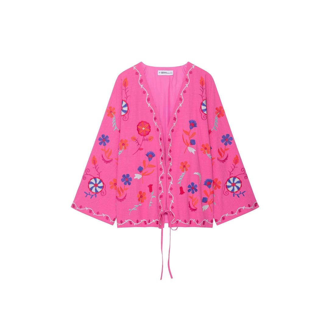 Women's Oversize Light Cotton Cardigan with Colorful Floral Embroidery Amarae