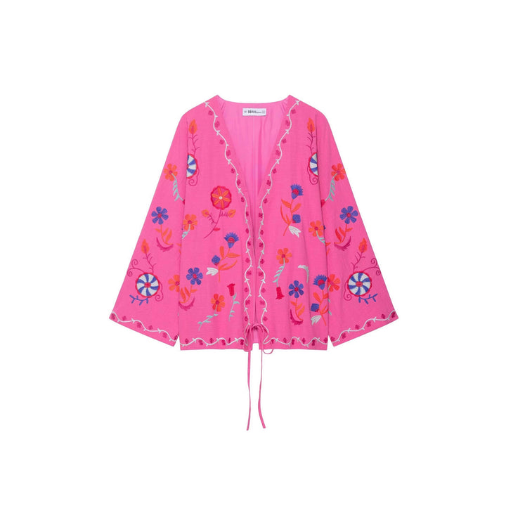 Women's Oversize Light Cotton Cardigan with Colorful Floral Embroidery Amarae