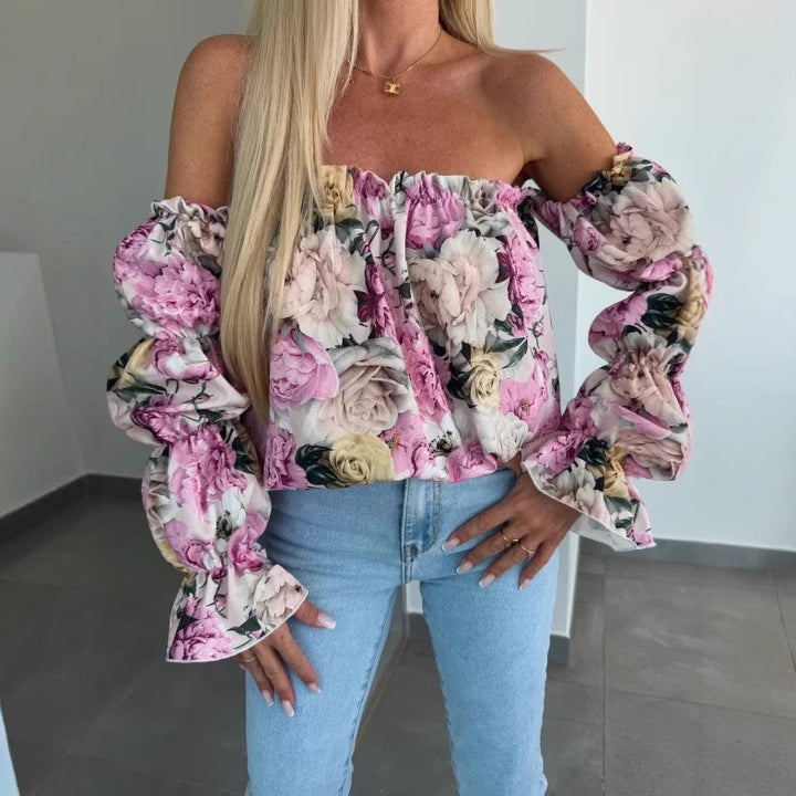 Woman Chic Top with Off-Shoulder and Puff Sleeves with Flowers