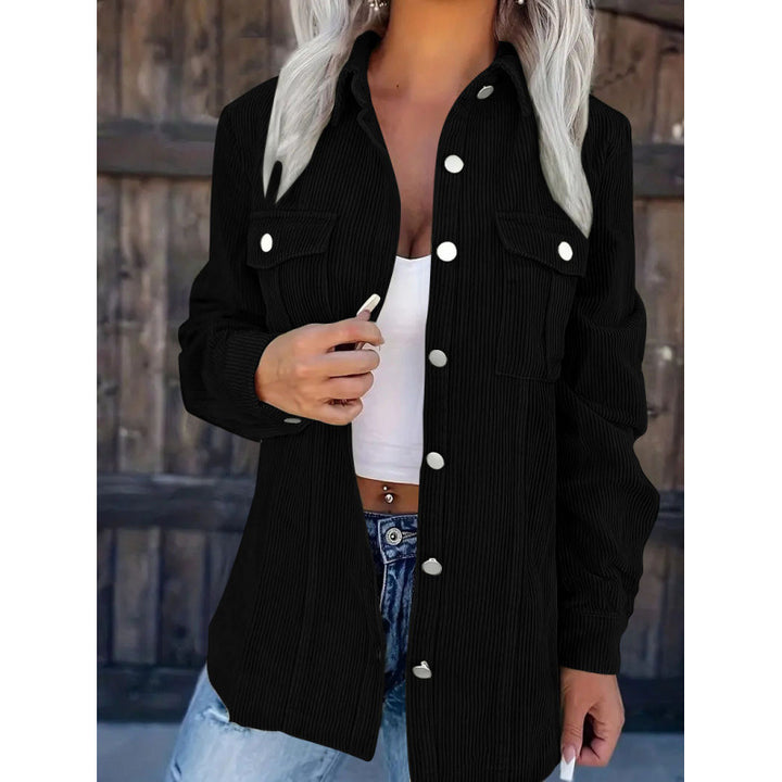 Ladies cord shirt jacket in shacket style with snap button placket and chest pockets Amarae