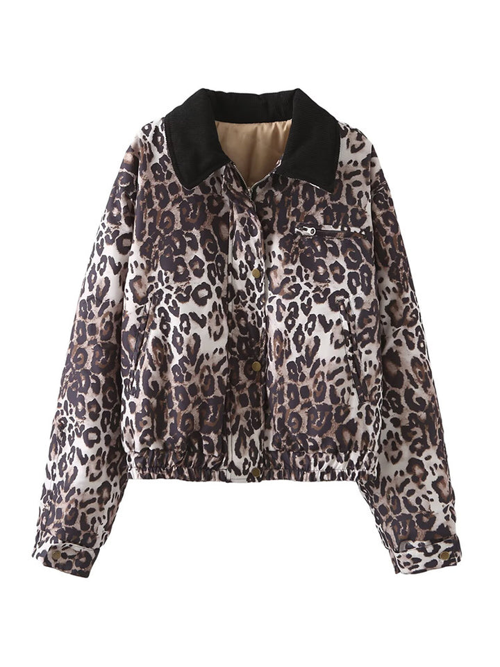 Women's Short Quilted Blouson Jacket in Leopard Pattern with Cord Collar Amarae