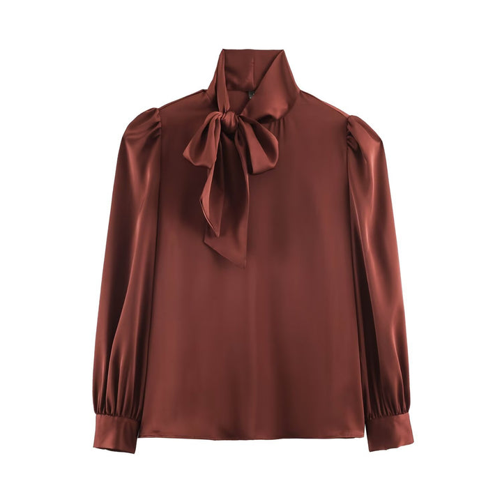 Ladies Two-Piece Satin Set with Bow Blouse and Pleated Culotte Amarae