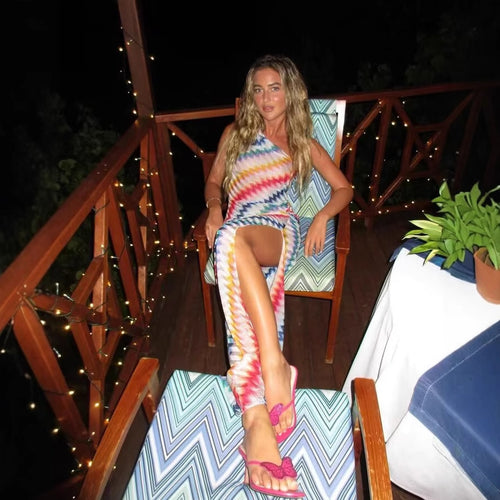 Maxi dress for women with asymmetrical neckline and bright zigzag pattern Amarae