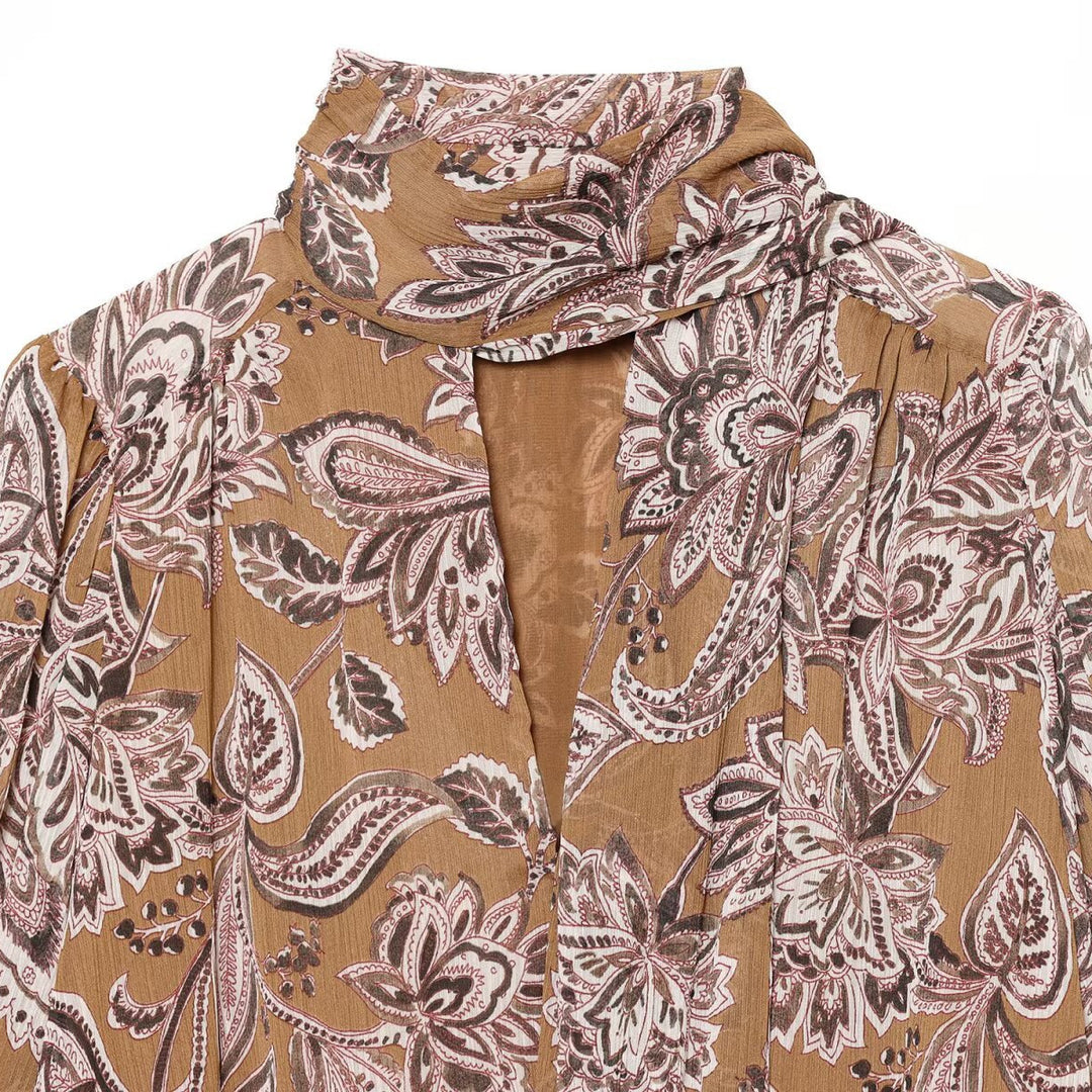 Women Printed Wrap Blouse with Shawl Collar and Balloon Sleeves Amarae