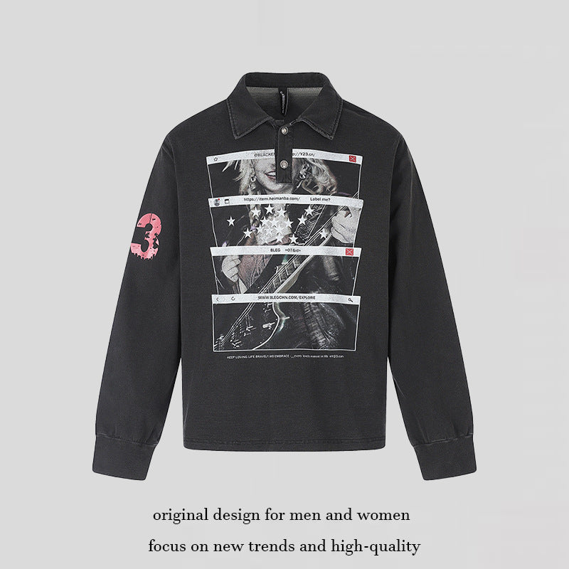Men's Long Sleeve Polo Shirt with Vintage-Inspired Front Print, Shirt Collar and Button Placket Amarae