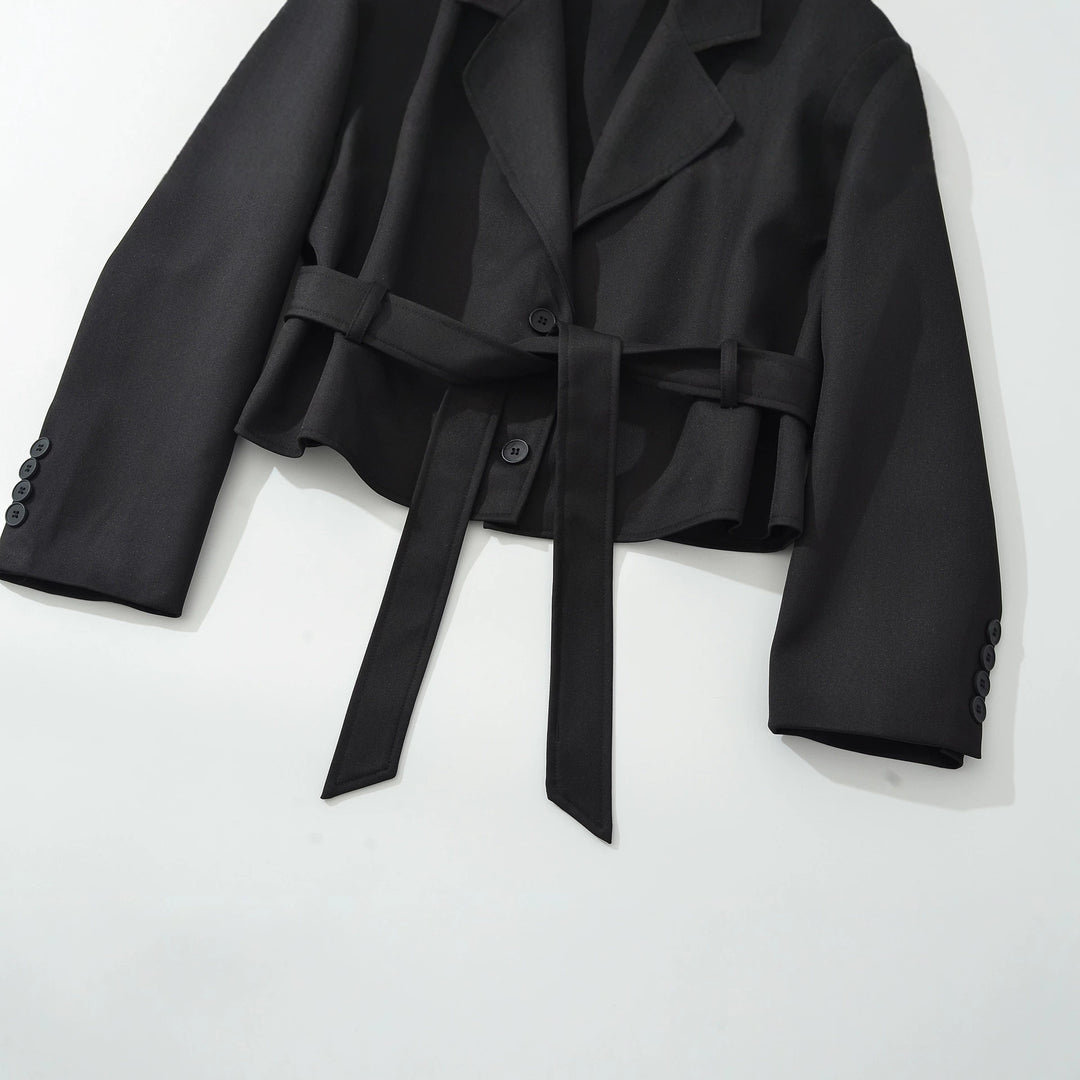 Women's Short Blazer with Waist Belt and Lapel Collar Amarae