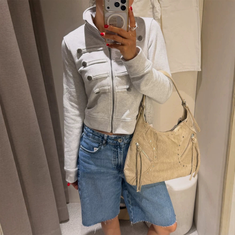 Women Short-Cut Sweat Jacket in Military Look with Stand-Up Collar Amarae