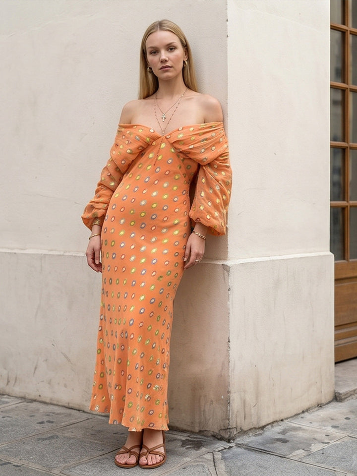 Women Elegant Off-Shoulder Maxi Dress with Twisted Front and Balloon Sleeves Amarae