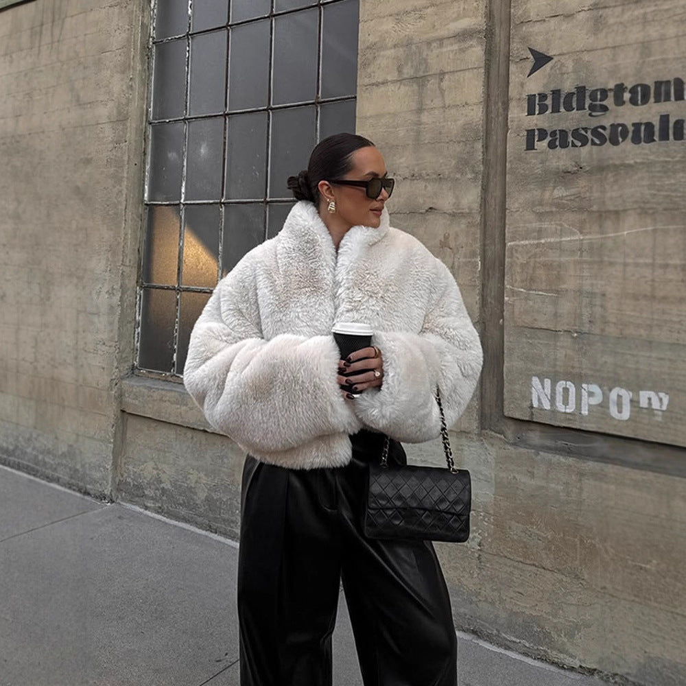 Women's Short Cozy Faux-Fur Bomber Jacket with Voluminous Shawl Collar and Boxy Silhouette Amarae