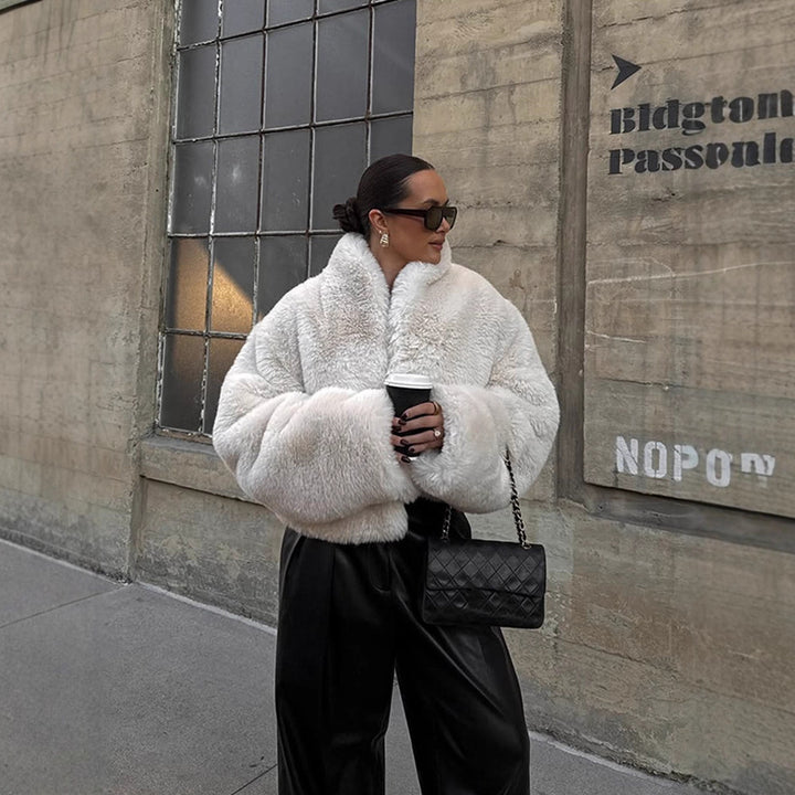 Women's Short Cozy Faux-Fur Bomber Jacket with Voluminous Shawl Collar and Boxy Silhouette Amarae