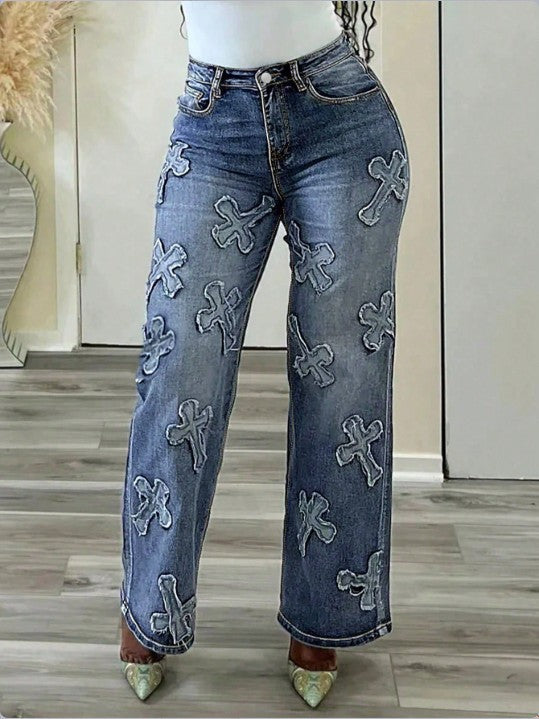 Women High-Waisted Straight-Leg Jeans with Fringed Cross Applications Amarae
