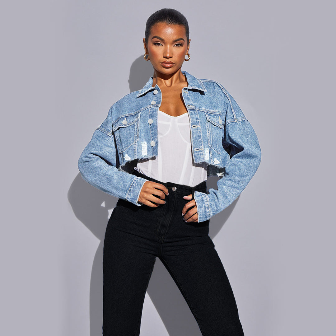 Women's cropped denim jacket with raw hem, wide sleeves, and boxy fit Amarae
