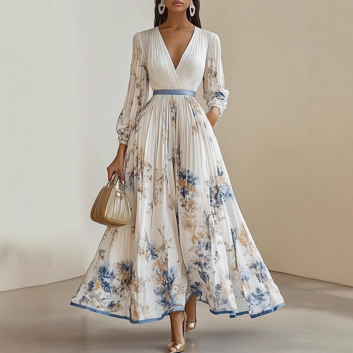 Women Magnificent Maxi Dress with Deep V-Neck and Floral Design Lune London