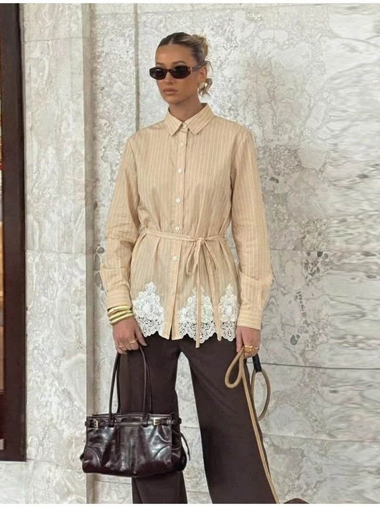 Women's shirt blouse with waist band, fine stripes & lace trim Amarae