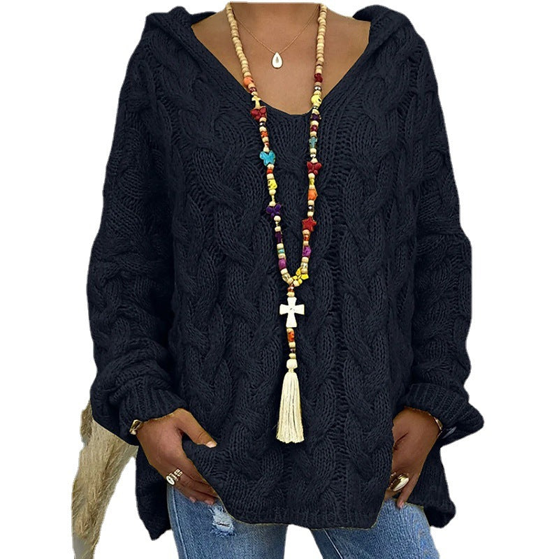 Ladies hoodie in chunky knit with V-neck and decorative cord Lune London