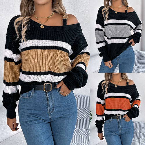 Pull femme à épaules dénudées avec détails à rayures et bretelle tendance Chic & Stil
