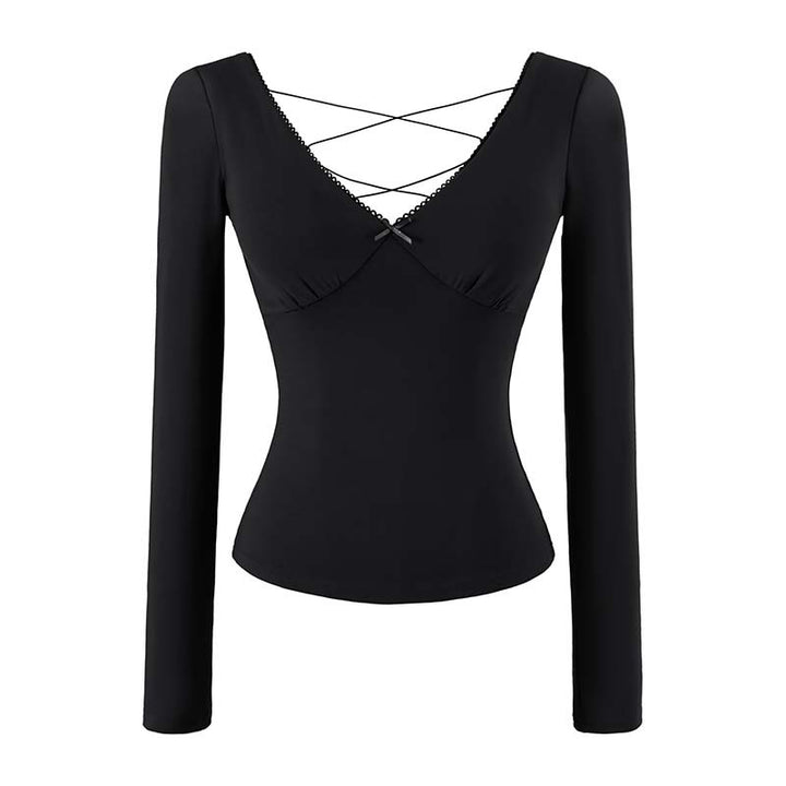 Women's Figure-Hugging Long Sleeve Top with Deep V-Neck, Crossed Spaghetti Straps and Lace Edge