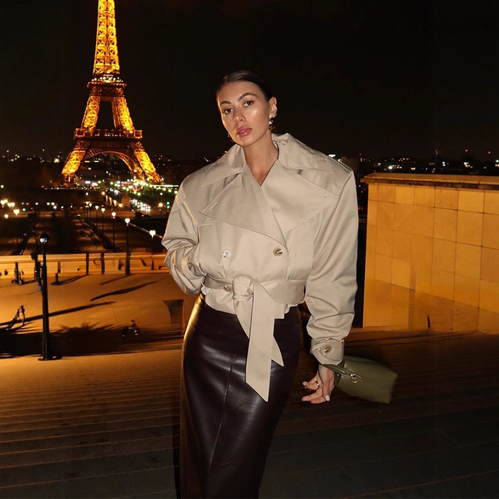 Women Short Double-Breasted Trench Coat with Waist Belt and Wide Lapel Amarae