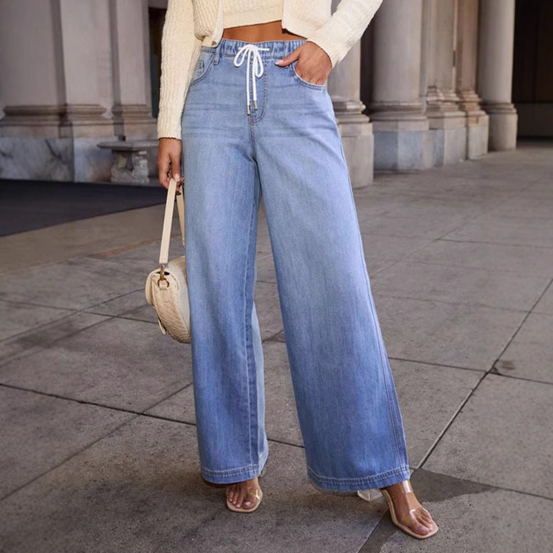 Women Wide Cut Denim Trousers with Elastic Waistband and Modern Drawstring Lune London