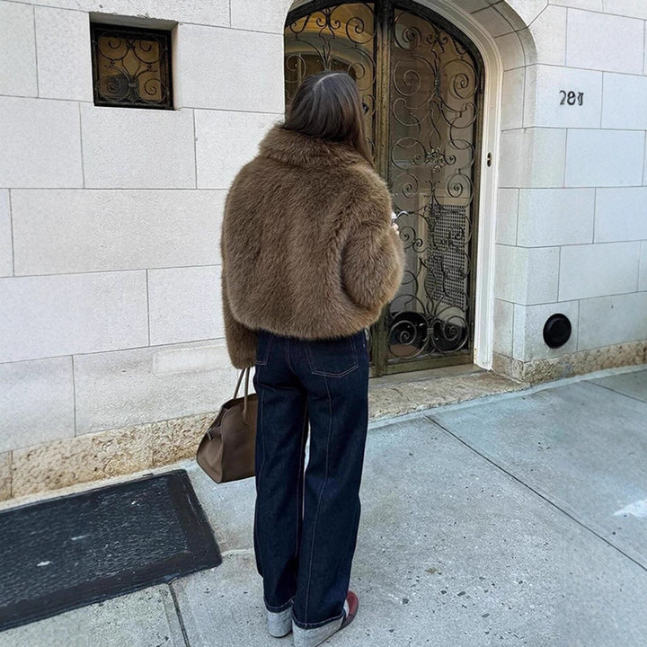 Women Short Boxy Faux Fur Blouson with Voluminous Shawl Collar and Lined Interior Amarae