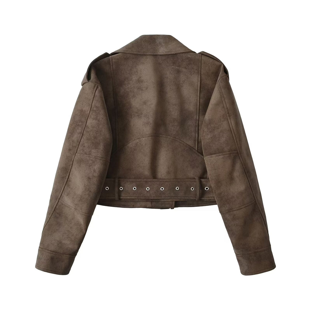 Ladies in faux leather biker jacket in a trendy cropped design with practical pockets Lune London