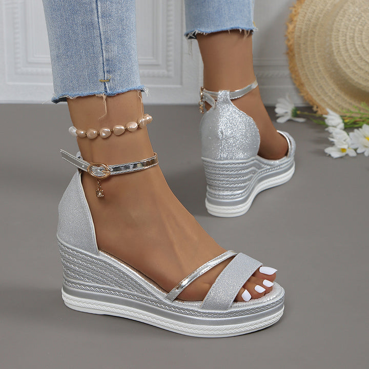 Wedge sandals for women with shimmering upper material and an elegant strap design Lune London
