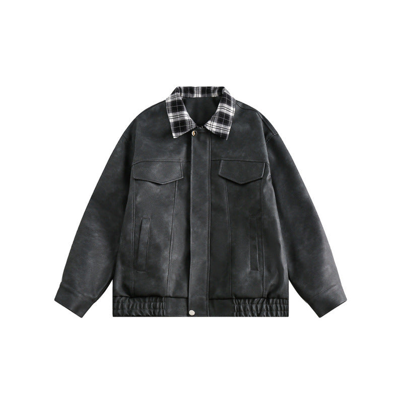 Men's suede look bomber jacket with checked shirt collar, flap pockets, and elastic hem Amarae
