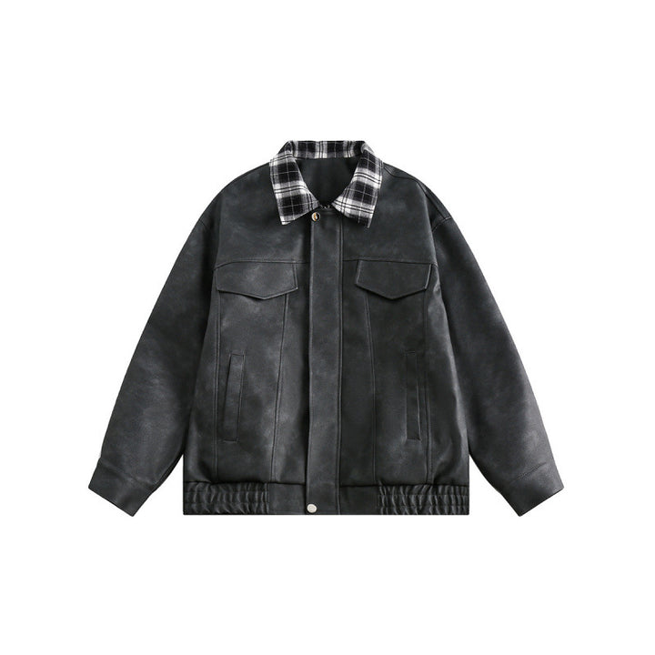 Men's suede look bomber jacket with checked shirt collar, flap pockets, and elastic hem Amarae
