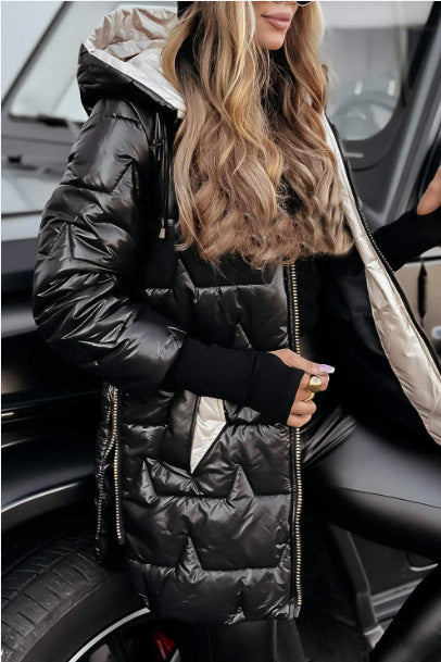 Long quilted jacket for women with high hood and side zips Lune London
