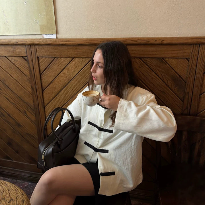 Women's Oversize Boxy Jacket with Toggle Closures and Mandarin Collar Amarae