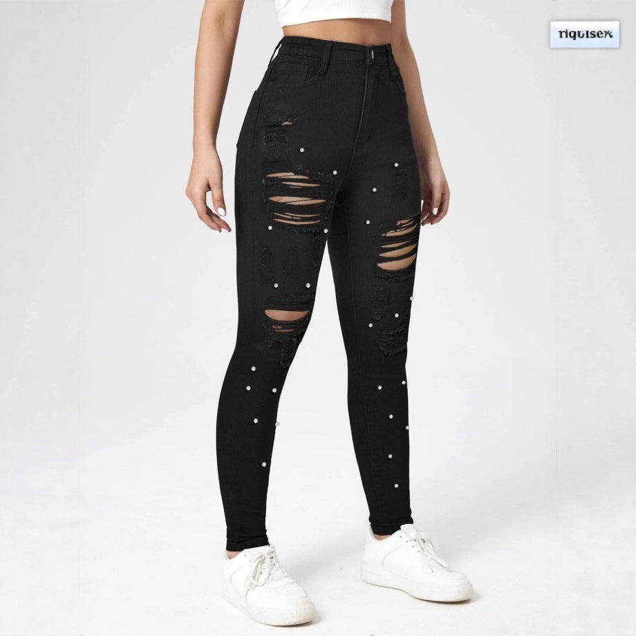 Women High-Waisted Ripped Skinny Jeans with Pearl Decoration and Sculpting Effect Amarae