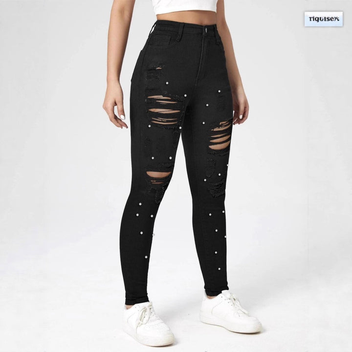 Women High-Waisted Ripped Skinny Jeans with Pearl Decoration and Sculpting Effect Amarae