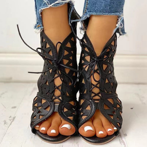 Women Open Lace-Up Sandals with Intricate Design and Non-Slip Sole Amarae