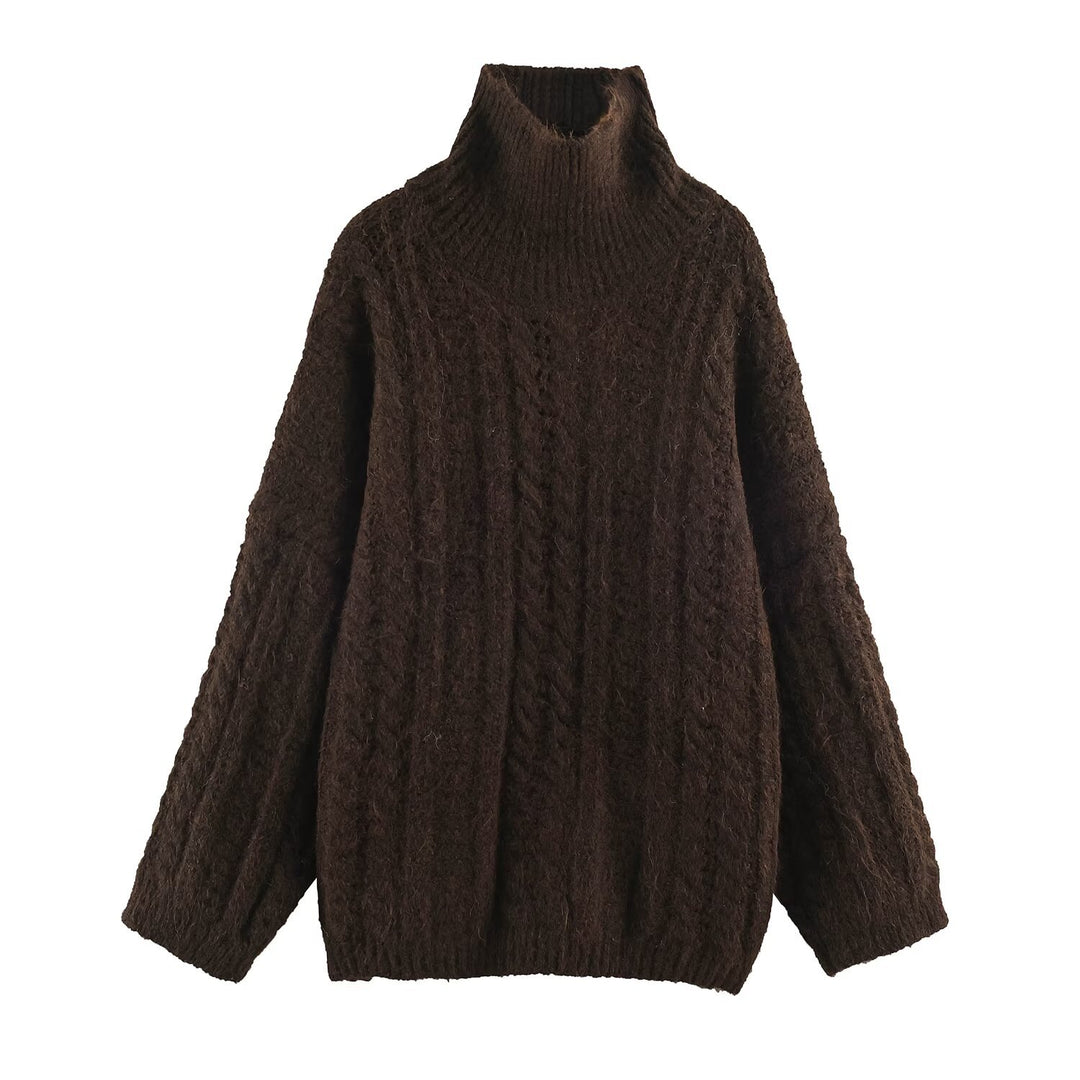 Women's Chunky Knit Oversized Sweater with High Turtleneck and Cable Pattern Amarae