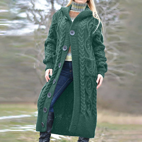 Thick knit coat for women with integrated hood and large buttons Amarael
