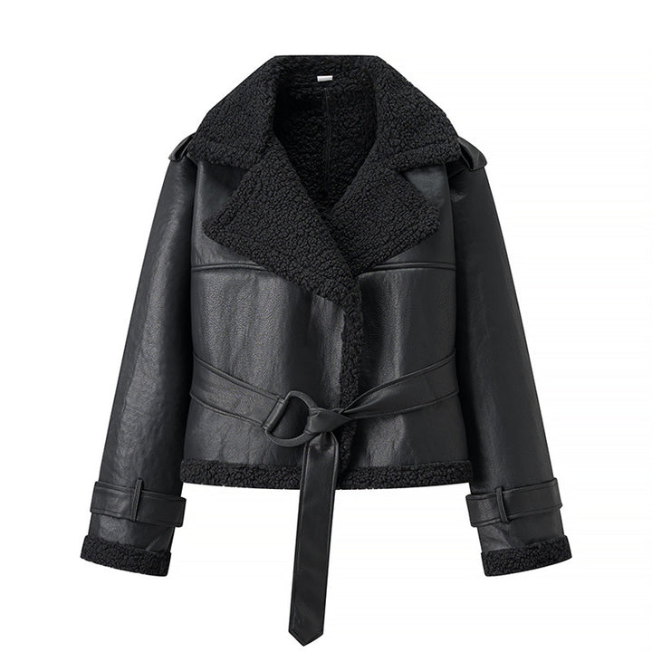 Fashion faux leather jacket for women with cozy lining and tie belt Lune London