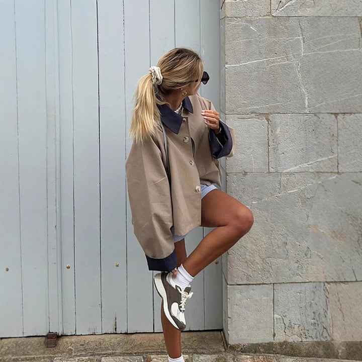 Women's Boxy Transitional Jacket with Contrast Collar, Concealed Button Placket, and Extended Sleeves Amarae
