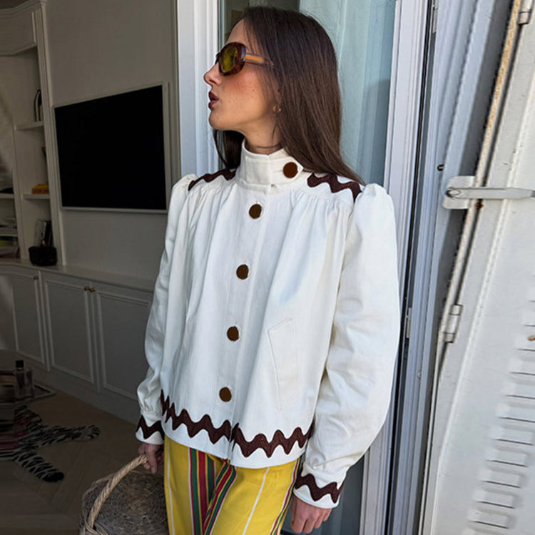Ladies short jacket with stand-up collar, decorative wave edge and decorative button placket Amarae