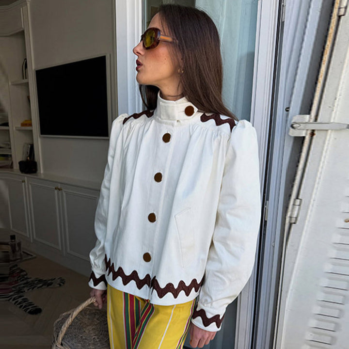 Ladies short jacket with stand-up collar, decorative wave edge and decorative button placket Amarae