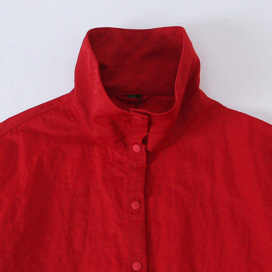 Women's Boxy Transitional Jacket with Stand Collar and Snap Placket Amarae