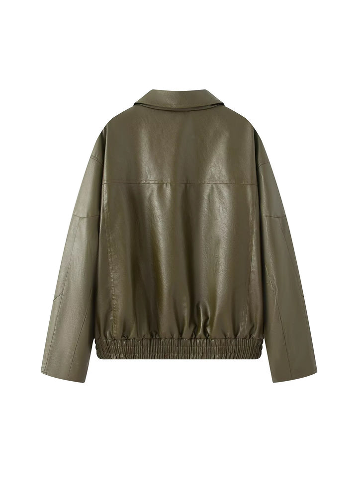 Faux leather jacket for women, with a modern high collar and elastic hem Lune London