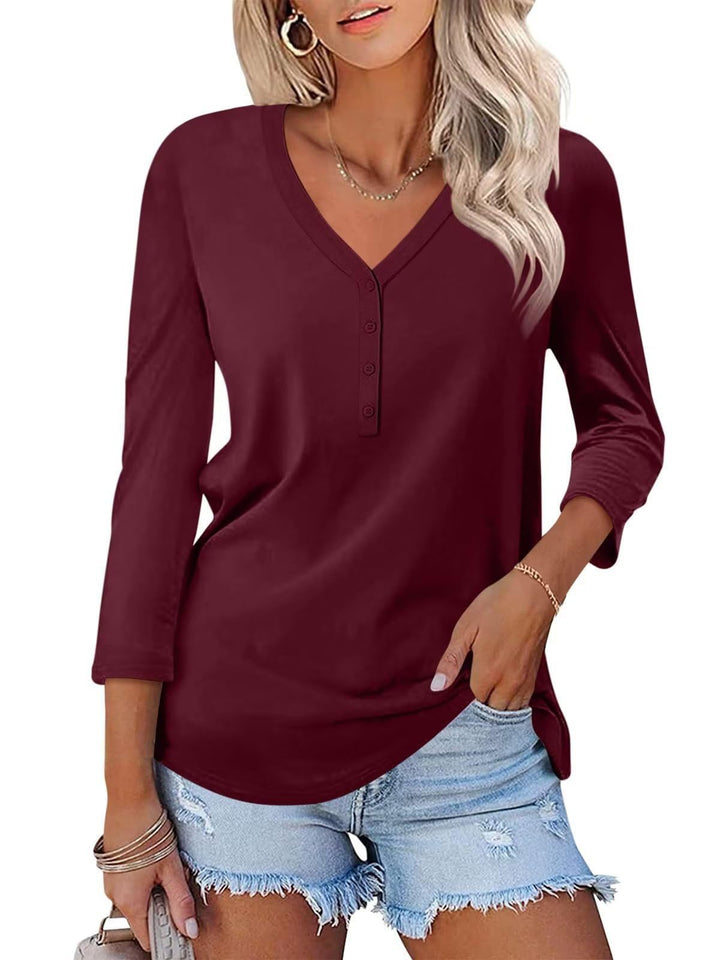 Women Long Sleeve Shirt with Button Placket and V-Neck Chic & Stil