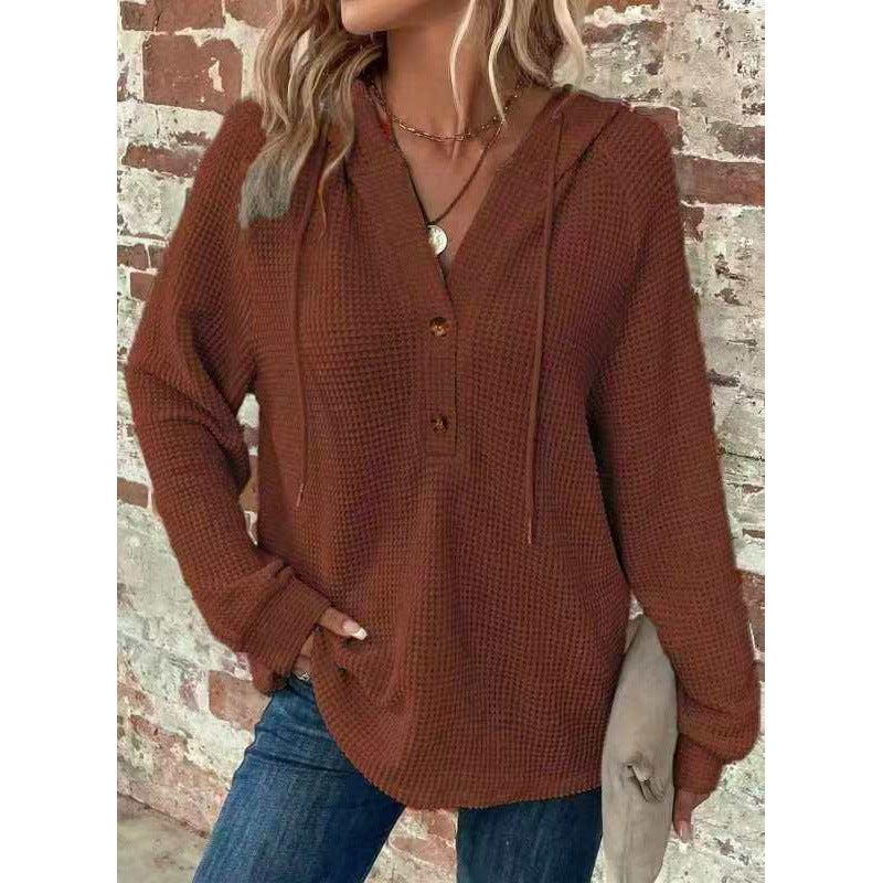 Women Waffle Knit Hoodie with Henley Button Placket and Oversized Cut Amarae