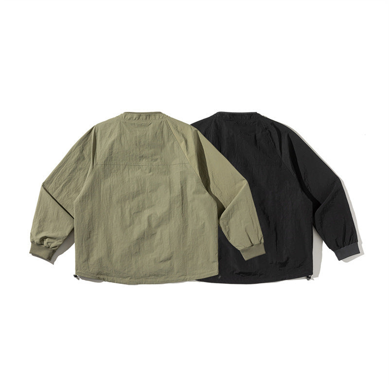 Unisex Lightweight Boxy Field Jacket without Collar with Raglan Sleeves, Patch Flap Pockets and Drawstring Amarae