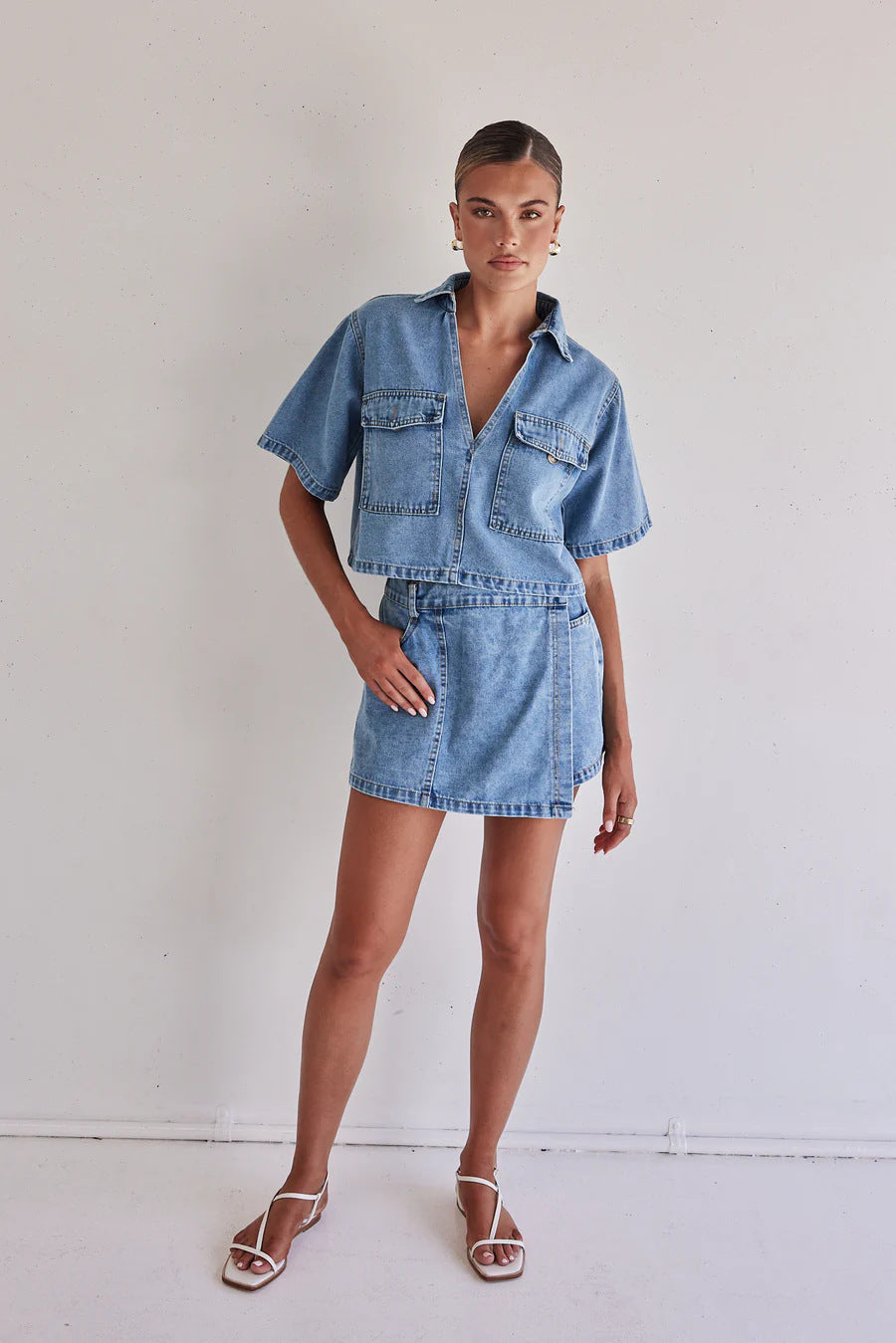 Women Denim Short Jacket with Matching Skirt in Casual Style Lune London